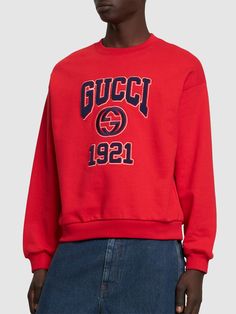 Ribbed collar, cuffs and hem. Dropped shoulders. Long sleeves. Embroidered front panel. Logo details. Model is wearing a sizeM Sport Swimwear, Sports Sweatshirts, Crossbody Messenger Bag, Sports Brands, Swim Accessories, Sports Top, Shearling Jacket, Gucci Men, Cotton Lights