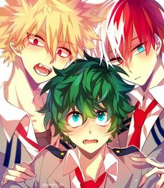 three anime boys with green hair and blue eyes are standing together in front of each other