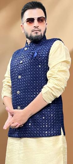 Blue color Nehru Jacket in Silk fabric with Embroidered, Sequence, Thread work Royal Blue Bandhgala For Festive Occasions, Formal Blue Embroidered Outerwear, Blue Nehru Jacket With Zari Work For Eid, Blue Embroidered Nehru Jacket For Wedding, Blue Bandhgala With Zari Work For Festivals, Festive Blue Outerwear With Resham Embroidery, Blue Long Sleeve Outerwear With Zari Work, Blue Nehru Jacket With Long Sleeves For Winter, Blue Nehru Jacket For Winter Wedding