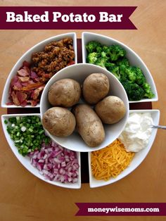 a plate filled with potatoes, broccoli and other ingredients to make baked potato bar