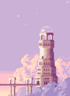 a pixel art style image of a tower in the sky with mountains and clouds behind it