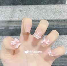 Cute Pink Korean Nails, Shoujo Girl Nails, Nails For 7th Grade, Cute Girly Nails, Bow Nail Art Designs, Nail Art Soft, Beige Nail Art, Nail Art Designs For Summer, Chinese Nails