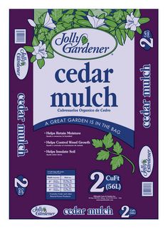 a bag of cedar mulch with leaves and flowers on the front, in purple packaging