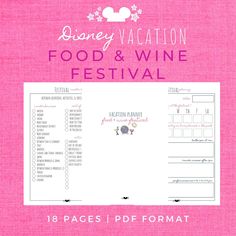 the disney vacation food and wine festival menu is shown on a pink background with text