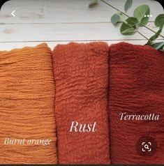 three orange towels with the words rust, terracotta and burnt orange