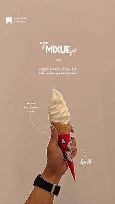 a hand holding an ice cream cone with instructions on how to mix it up in front of the camera