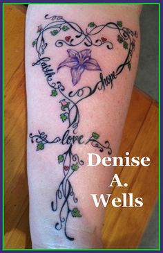 a woman's leg with a tattoo on it that says denise a wells