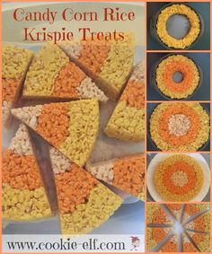 an advertisement for candy corn rice krispie treats with pictures of the ingredients and instructions