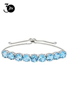 16.92ctw 8mm Round Swiss Blue Topaz, Rhodium Over Sterling Silver Bolo Bracelet. Adjusts Approximately 6"-9"L And Measures Approximately .32"W. Sliding adjustable closure. Elegant Adjustable Blue Topaz Bracelets, Fine Jewelry Blue Topaz Round Bracelets, Formal Blue Topaz Bracelet, Bolo Bracelet, Swiss Blue Topaz, Blue Topaz, Topaz, Bracelet, Sterling Silver