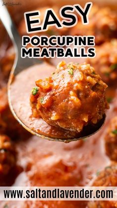 a ladle full of meatballs with text overlay that reads easy porcupine meatballs