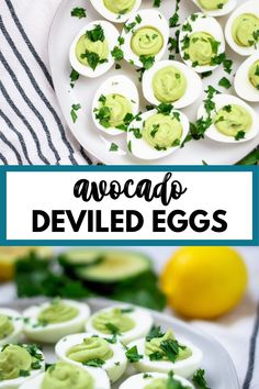 avocado deviled eggs on a white plate with lemons and parsley