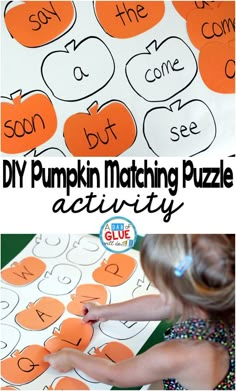 pumpkin matching puzzle activity for toddlers to practice letter recognition with the letters and numbers