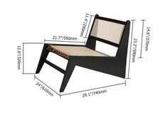 a chair with measurements for the seat and foot rest on it's side, which is