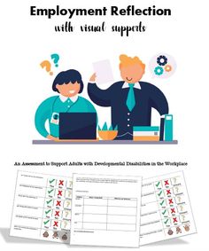 Support your client in reflecting on their employment with visual supports. This EDITABLE word doc can be changed for your client's specific needs, but addresses many of the major workplace areas, such as scheduling, socializing with coworkers, advocacy, etc. Reflection also guides plan-making process after reflection to address areas of needed improvement. Great resources for teachers, job coaches, behavior consultants, day programs, and more. Job Coaching, Visual Supports, Life Skills Special Education, Resources For Teachers, Developmental Disabilities, Word Doc, Life Skills, Special Education, Teacher Resources