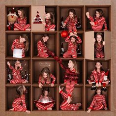 the children are dressed in matching red and white striped pajamas, posing for their christmas photos