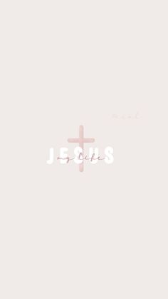 the word jesus written in pink and white on a light gray background with a cross