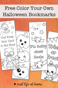 four halloween bookmarks with the text free color your own halloween books on them and an orange background