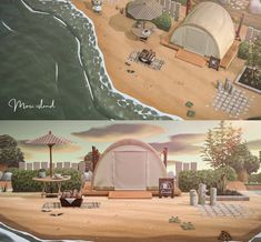 two pictures side by side one shows a beach and the other shows a tent