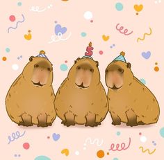 three brown bears sitting next to each other on a pink background with confetti