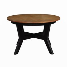 a round wooden table with black legs and a brown top on an isolated white background