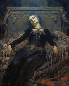 a painting of a woman with blue hair sitting on a bench surrounded by skulls and bones