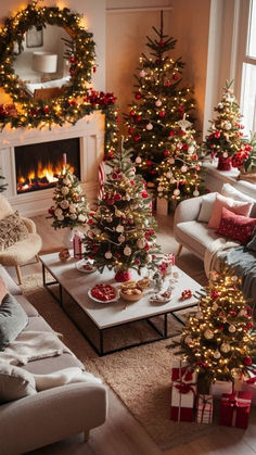 a living room with christmas trees and presents