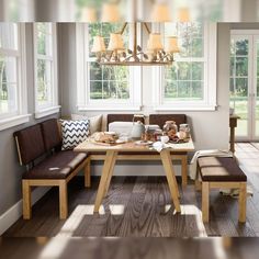 a dining room table and bench in front of two windows with wooden benches underneath them