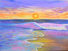 a painting of a sunset over the ocean with waves coming in to shore and an orange sun