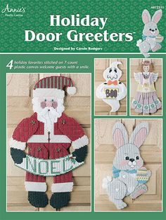 an advertisement for the plastic canvass holiday door greeters, featuring knitted bunny and santa