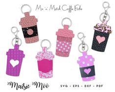 four different styles of keychains made out of plastic material with hearts and polka dots