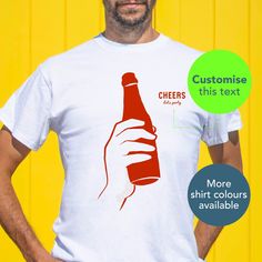 "Looking for a cool gift for your dad or your best friend? Our personalised \"Cheers ....\" tee is perfect for pub crawls, birthdays, or just because it's Tuesday. Grab your t-shirt today and let your unique style shine! PERSONALISATION Choose your text to sit beneath 'Cheers' e.g. Cheers Lets Party, Cheers David & Emma, Cheers Brighton 23. Alternatively you can leave this blank for just the 'Cheers' design. Please note, you will receive an email to check and complete the personalisation of your t-shirt yourself. What type of \"Addict\" are you? HOW TO ORDER 1. Chose shirt colour Select from the drop down menu 2. Select shirt size See our size guide for details in the listings images 3. Add personalisation Simply add the text of your choice in the personalisation box and we'll do the rest Red T-shirt For Father's Day Gift, It's Tuesday, Beer Cheers, Cool Christmas, Christmas Gift For Him, Personalized Beer, Stag Do, Pub Crawl, Christmas Gifts For Him