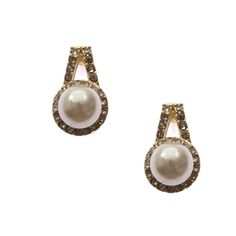 Gold Cream Pearl Rhondelle Earrings Nickel Free Round Earrings For Evening, Nickel-free Round Earrings For Evening, Nickel Free Round Pearl Party Earrings, Formal Cream Pearl Earrings, Nickel-free Round Pearl Earrings For Party, Luxury 22k Gold Pearl Earrings, Luxury Gold Pearl Embellished Earrings, Luxury Yellow Gold Pearl Earrings In Brass, Luxury Pearl Drop Gold-tone Earrings