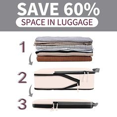 an advertisement for the sale of clothes and blankets in luggage bags, with instructions to save 60 % off space in luggage