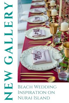 a long table set with place settings and candles for an elegant beach wedding in nusai island, hawaii