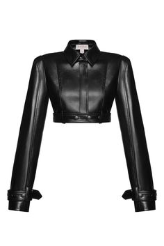 Luxury Cropped Leather Jacket With Zipper, Luxury Leather Jacket With Ykk Zipper, Luxury Edgy Leather Jacket With Pockets, Luxury Chic Cropped Leather Jacket, Luxury Leather Jacket With Multiple Pockets, Luxury Leather Jacket With Collar, Luxury Streetwear Leather Jacket With Ribbed Cuffs, Luxury Leather Jacket With Metal Zipper, Luxury Black Cropped Chic Jacket