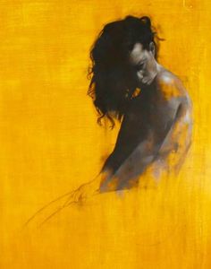 a painting of a man with long hair and no shirt sitting in front of a yellow background