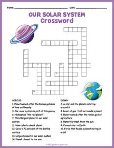 the solar system crossword is shown in purple and white with an image of saturn on it