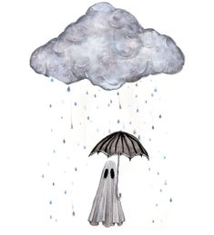 a drawing of a ghost holding an umbrella under a cloud with rain coming down on it