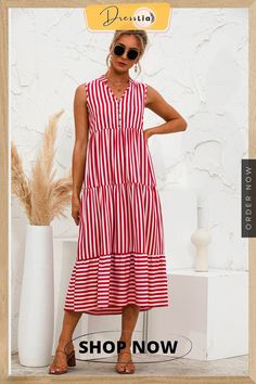 V-neck Striped Button Stitching Dress V-neck Midi Dress With Button Closure For Vacation, Summer Dress With Notched Neckline And Button Closure, V-neck Button Dress For Vacation, Vacation V-neck Dress With Buttons, V-neck Beach Dress With Button Closure, Spring Dress With Buttons And Notched Neckline, Casual V-neck Summer Dress With Buttons, Casual V-neck Dress With Buttons For Summer, Casual V-neck Midi Dress With Buttons