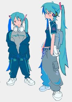 two anime characters standing next to each other with blue hair and piercings on their ears