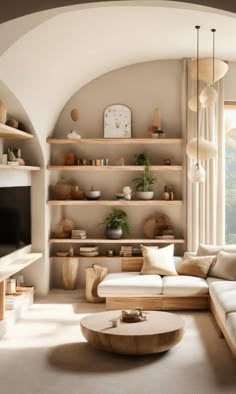 a living room filled with lots of furniture and shelves next to a large open window