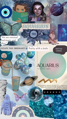 a collage of images with different things in them and the words aquarius on it