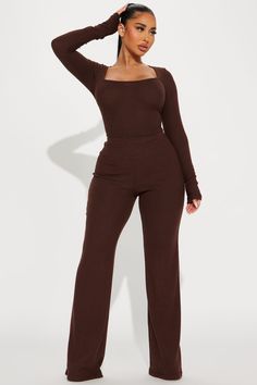 Available In Heather Grey, Chocolate, And Lime. Pant Set Square Neck Long Sleeve Flare Pant Elastic Waistband Stretch Inseam: 32" 82% Rayon 13% Polyester 5% Spandex Imported | Cute N Cozy Pant Set in Chocolate Brown size Medium by Fashion Nova Telling Lies, Chocolate Fashion, Cozy Pants, Flare Leg Pants, Off Shoulder Tops, Pant Set, Matching Dresses, Grey Fashion, Flare Pants