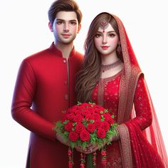 a man and woman dressed in red standing next to each other holding a bouquet of roses