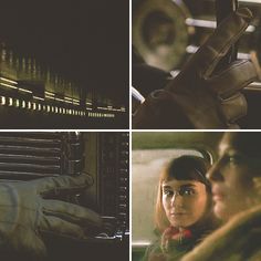 four different shots of people sitting in the back seat of a car at night, one with gloves on