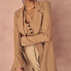 Never Been Worn And Nwt. Boho Chic Pinstripe Blazer With Detailed Sleeves And Distressed Frayed Bottom Cut. Super Effortless And Unique. Striped Long Sleeve Blazer For Fall, Chic Beige Single Breasted Top, Chic Beige Single-breasted Top, 2024 Challenge, Pinstripe Blazer, Free People Jacket, Colored Blazer, Blazer Suit, Boho Chic