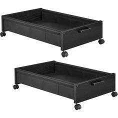 two black storage bins with wheels on each side, one is open and the other has