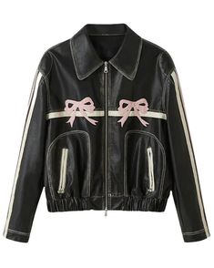 Black Leather Jacket With Pink Bow And Stripes Calling all our fashion girlies wishing to channel one of the most trending looks, we at AlexGear are introducing a black jacket with a pink bow and stripes. It is the perfect outerwear for fashion enthusiasts as it effortlessly blends preppy and grunge aesthetic, striking the perfect balance between the two, making it a must-have. A wardrobe staple, this black outerwear is crafted to perfection by our skilled craftsmen using top-quality genuine lea Painted Leather Jacket, Image Swag, Pink Bows, Real Leather Jacket, Painting Leather, Dolce E Gabbana, Genuine Leather Jackets, Retro Color, Zipper Jacket