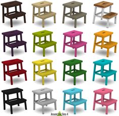 several different colored stools sitting next to each other on a white background with the same color