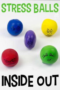 Inside Out stress balls.  Make your own DIY stress balls.  These were inspired by Inside Out and each one represents an emotion, Diy Stressball, Tension Release, Therapeutic Activities, Play Therapy, Emotional Regulation, Fun Crafts For Kids, Feelings And Emotions